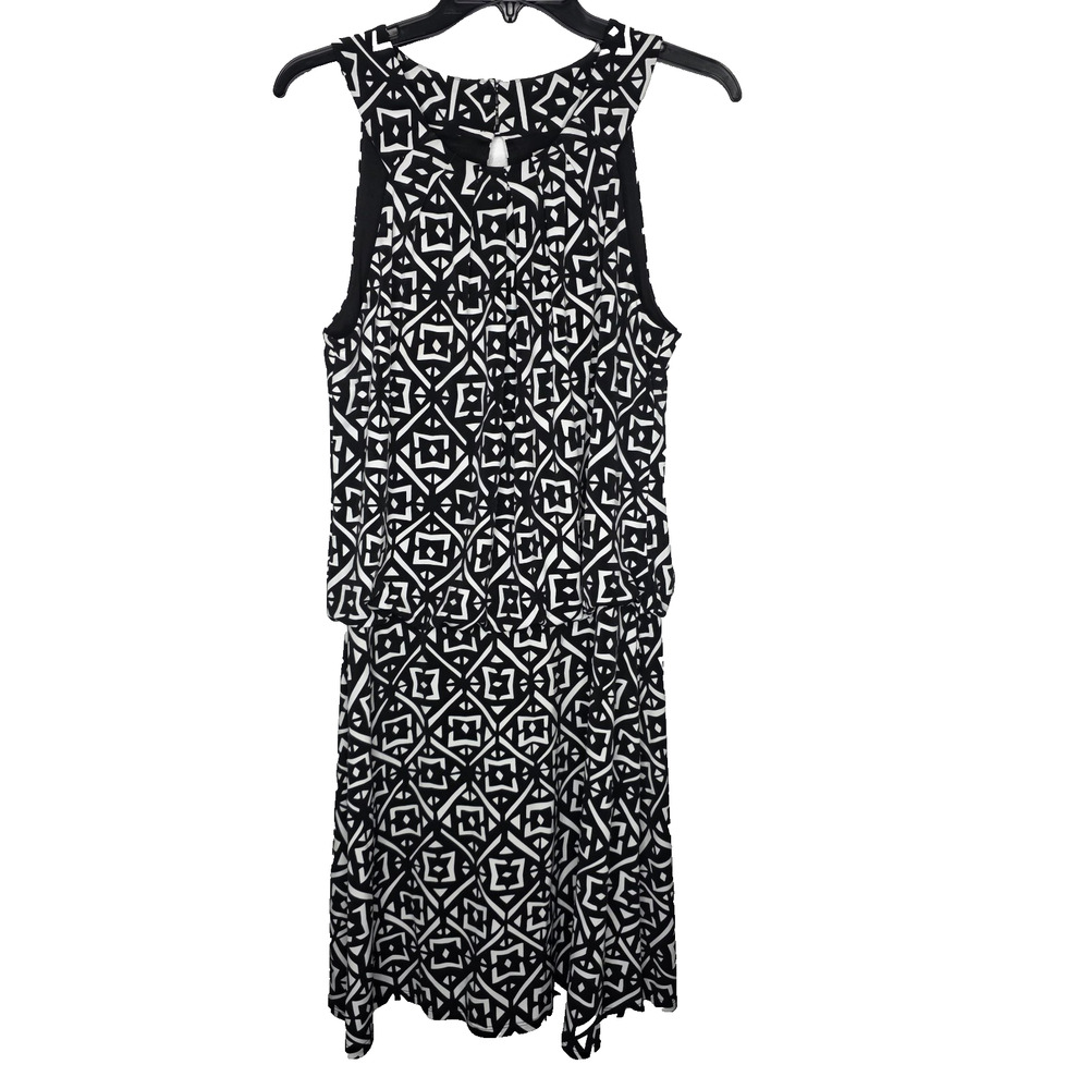 WHBM Womens SZ 10 Black/White Geometric Halter Keyhole-Button Midi Dress